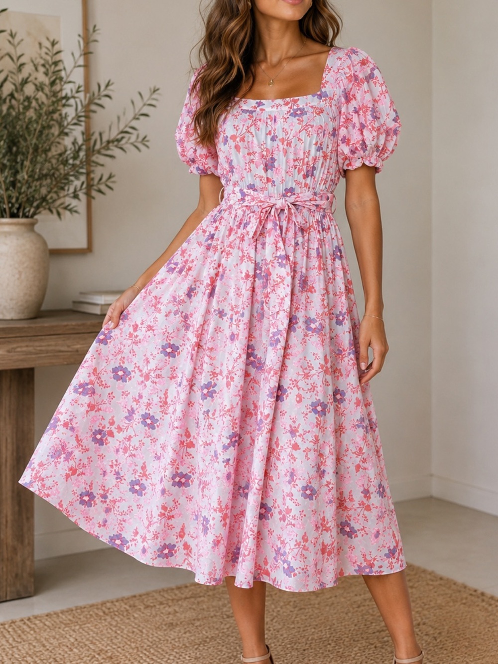 Thierry Colson Floral Cotton Puff Sleeve Midi Dress Pink Size M